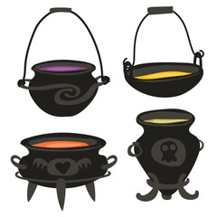 A set of witch cauldrons with colored potions. Ancient varieties of black witch cauldrons with signs stand on stands and hang on handles. Isolated vector illustration. Halloween-style collection