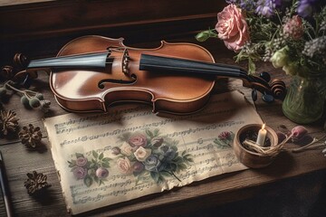 Fototapeta na wymiar Vintage-style watercolor of a violin and piano with flowers, ideal for an old-fashioned invitation. Generative AI