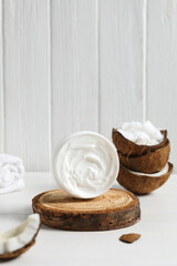 Concept of body and skin care accessories - coconut cosmetic