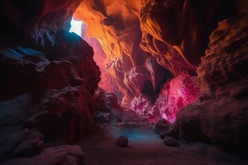 A cave with pink and yellow forms that waver. Generative AI
