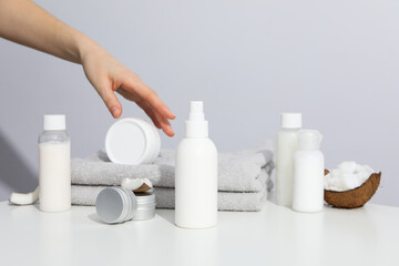 Concept of body and skin care accessories - coconut cosmetic
