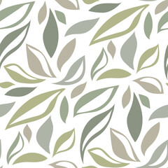 Seamless pattern of colored leaves with a glare on a white background. Abstract background for fabric and paper design. Seamless pattern of smooth elements. Natural shades. Packaging with abstract