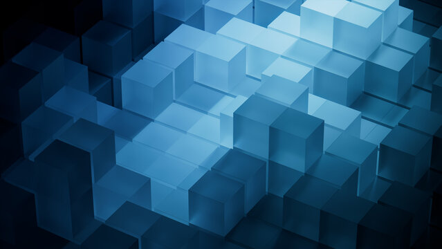 Innovative Tech Background with Neatly Arranged Translucent Cubes. Turquoise and Black, 3D Render.