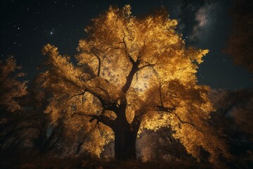 A luminous tree beneath a starry autumn sky with shades of yellow. Generative AI