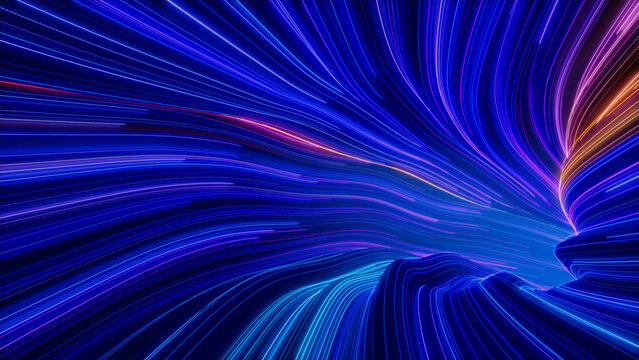 Blue, Turquoise and Orange Colored Swirls form Abstract Neon Tunnel. 3D Render.