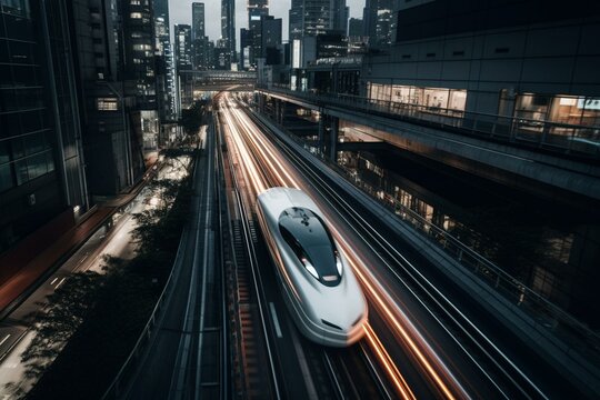 Sleek bullet train hurtling through cityscapes at breakneck speeds. Generative AI