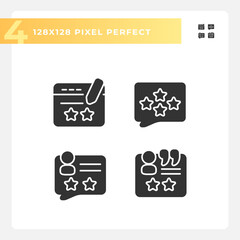 Leave comments with feedbacks pixel perfect black glyph icons set on white space. Write review on service on line. Silhouette symbols. Solid pictogram pack. Vector isolated illustration