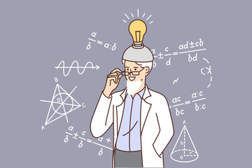 Elderly scientist stands near blackboard with scientific formulas with invention countries on head Generative AI