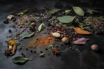 Obraz na płótnie Canvas Spice and herb mix displayed on slate. Generative AI