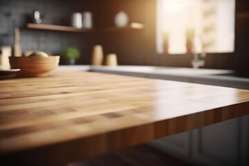 Obraz na płótnie Canvas Mock up empty wooden tabletop for display or montage of product with blurred kitchen background. Kitchen counter background blurred for product display visual layout
