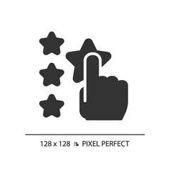 Assess pixel perfect black glyph icon. User leaving feedback about service. Experience sharing online. Product quality. Silhouette symbol on white space. Solid pictogram. Vector isolated illustration
