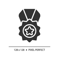 Medal pixel perfect black glyph icon. Reward for high quality service. Product rating performance. Best service. Silhouette symbol on white space. Solid pictogram. Vector isolated illustration