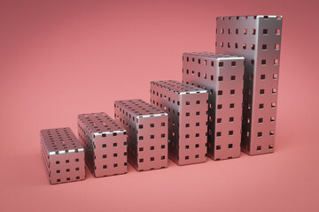 metal cage cubes stair raising graph in a row; infinite colorfull background; 3D Illustration