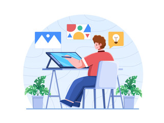 Vector Illustration of a designer working on a drawing tablet, creating digital artwork with a stylus pen, and The designer is shown sitting at a desk.
Designer and Illustrator Job Concept.