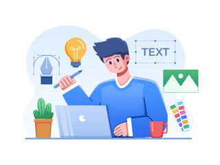 Vector Illustration of a designer sitting in front of a laptop and brainstorming creative ideas with surrounded by design elements such as color swatches, pen tool, etc.