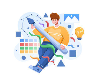 A vector illustration creative workspace with a designer/illustrator holding a large pen tool surrounded by other designer/illustrator tools.
Creative Designer and Illustrator Concept. 