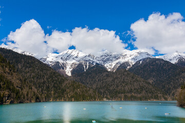 Spring landscape of Lake Ritsa in Abkhazia. Lake Ritsa is a lake in the north-western part of the Georgia, in the Caucasus Mountains. Snow lies on the top of the mountains