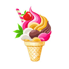 Watercolor and drawing for fresh sweet colorful chocolate, strawberry and vanilla ice cream. Digital painting of homemade bakery, dessert and food illustration.