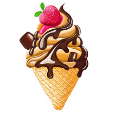 Watercolor and drawing for fresh sweet colorful chocolate, strawberry and vanilla ice cream. Digital painting of homemade bakery, dessert and food illustration.