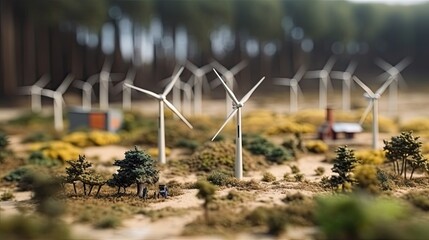 Model scale miniature of a field with electric windmills, Ai Generative.