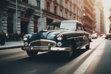 Fototapeta na wymiar Vintage automobile driving through urban streets. Generative AI