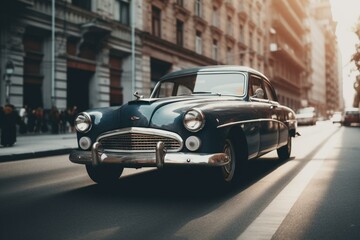 Vintage automobile driving through urban streets. Generative AI