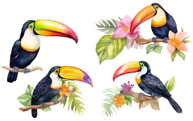 watercolor set illustration of toucan bird among the tropical leaves isolated on white background Generative AI