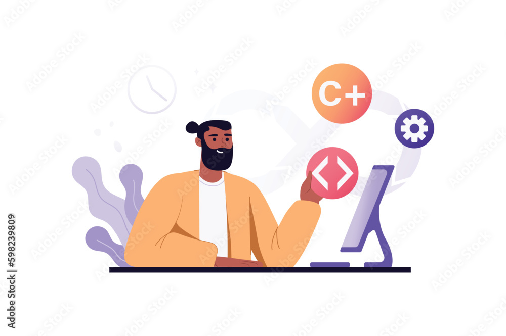 Poster devop violet concept with people scene in the flat cartoon style. programmer works on writing a code