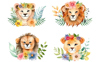 watercolor set illustration of wild cats lion tiger isolated on white background Generative AI