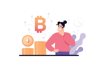 Violet concept Cryptocurrency market with people scene in the flat cartoon design. Woman wants to learn cryptocurrency market for earning money. Vector illustration.