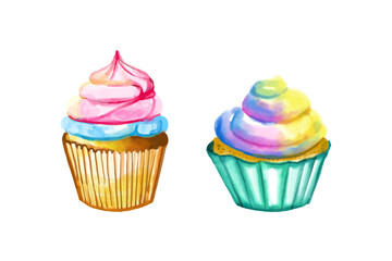 Watercolor and drawing for fresh sweet colorful rainbow cupcakes isolated on white background. Digital painting of homemade bakery, dessert and food illustration.