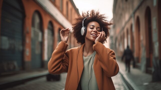 Afro American Girl With Headphones Dancing On The Street, Generative Ai