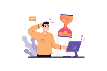 Lateness violet concept with people scene in the flat cartoon design. Man understand that he will complete his task late. Vector illustration.