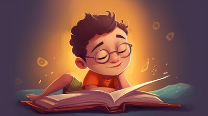 cartoon of boy reading a book, generative ai
