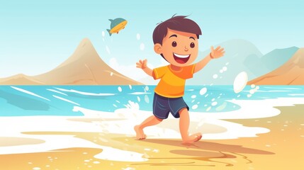 Obraz na płótnie Canvas cartoon of boy playing on the beach, generative ai