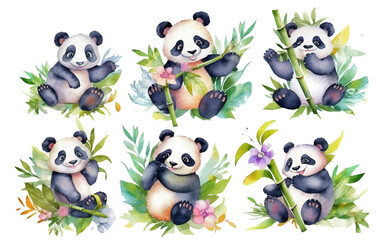 watercolor set illustration of fluffy panda among the bamboo leaves isolated on white background Generative AI