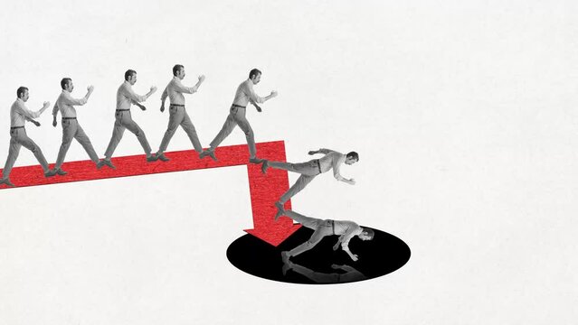 Stop motion, animation. Contemporary art. Man, employee mowing on unknown path. Success and failure. Taking professional risks to reach success. Concept of business, career, professional challenges
