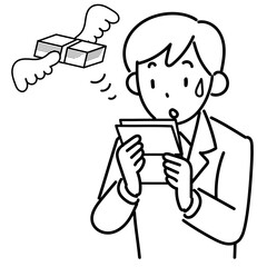 通帳を見て出費の多さに困惑しているビジネスマン