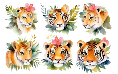 watercolor set illustration of wild cats lion tiger isolated on white background Generative AI