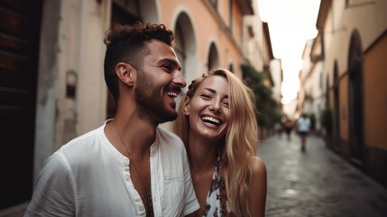 young couple on the street smiling, generative ai