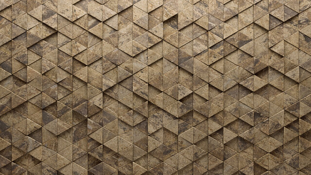 Polished, Natural Stone Wall background with tiles. Triangular, tile Wallpaper with 3D, Semigloss blocks. 3D Render