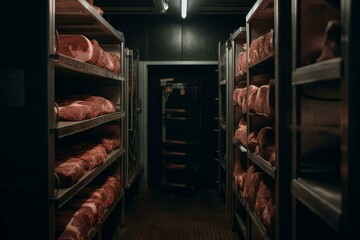 Chilled storage holding meat for creating dishes. Generative AI