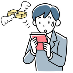 通帳を見て出費の多さに困惑しているビジネスマン