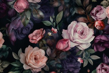 Seamless watercolor roses on a dark background pattern. Generative AI