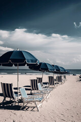Fototapeta na wymiar Generative AI illustration of Lonely umbrella on the beach with table on the sand and two chairs