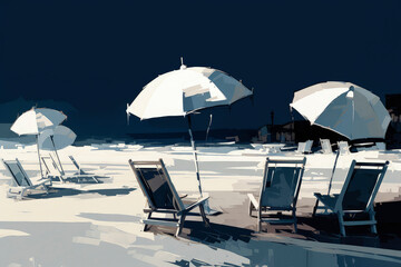Fototapeta na wymiar Generative AI illustration of Lonely umbrella on the beach with table on the sand and two chairs