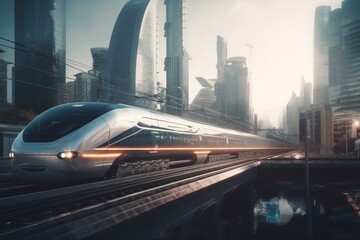 A high-speed train travels through a futuristic city skyline. Generative AI