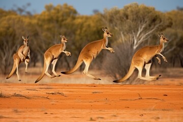 A group of kangaroos jumping through the outbac