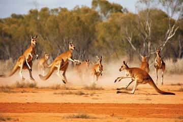 A group of kangaroos jumping through the outbac