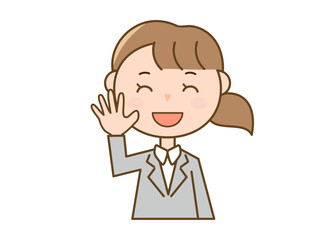 笑顔で手を上げて挨拶をするスーツ姿の女性_女性会社員